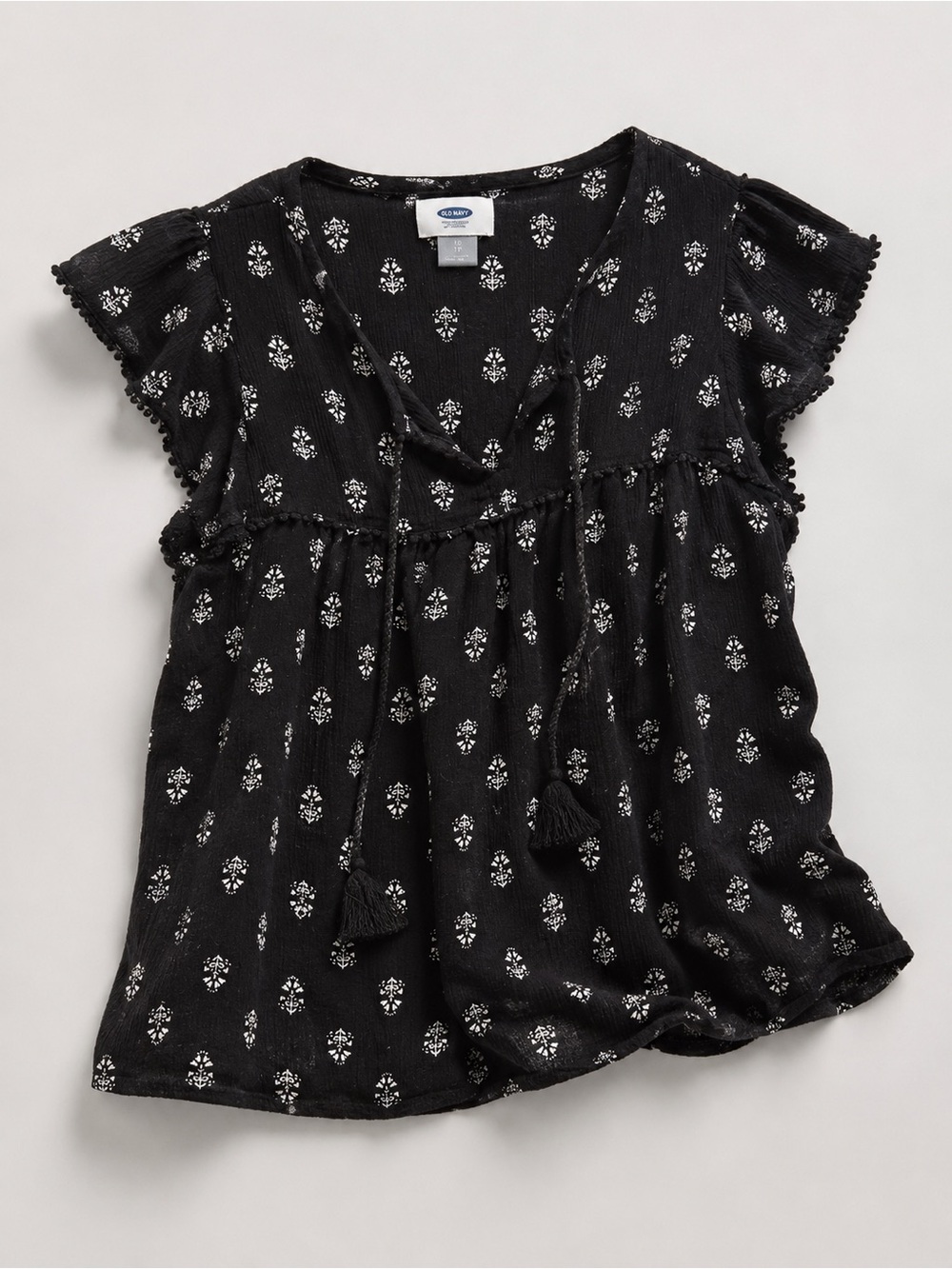 Old Navy XS Black Boho Peasant Blouse Floral Print Tassel Tie